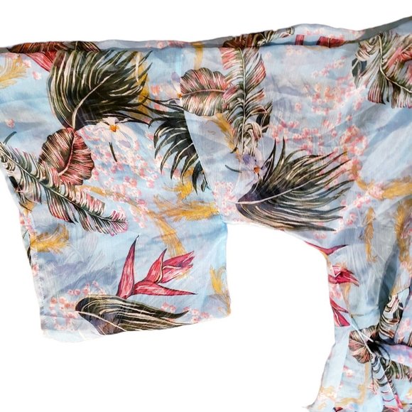 Gigio Long Sheer  Kimono Duster L Blue Tropical Floral Boho Peasant Hippie - Picture 9 of 10